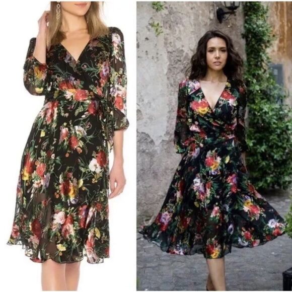 Alice + Olivia Abney Midi Black Dress Wrap Blooming Bouquet Floral Size S - Picture 1 of 9